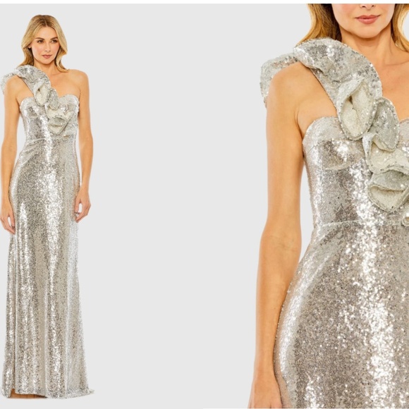 MAC DUGGAL 68513 SILVER/NUDE RUFFLED ONE SHOULDER SEQUIN GOWN sz 6 - Picture 5 of 5